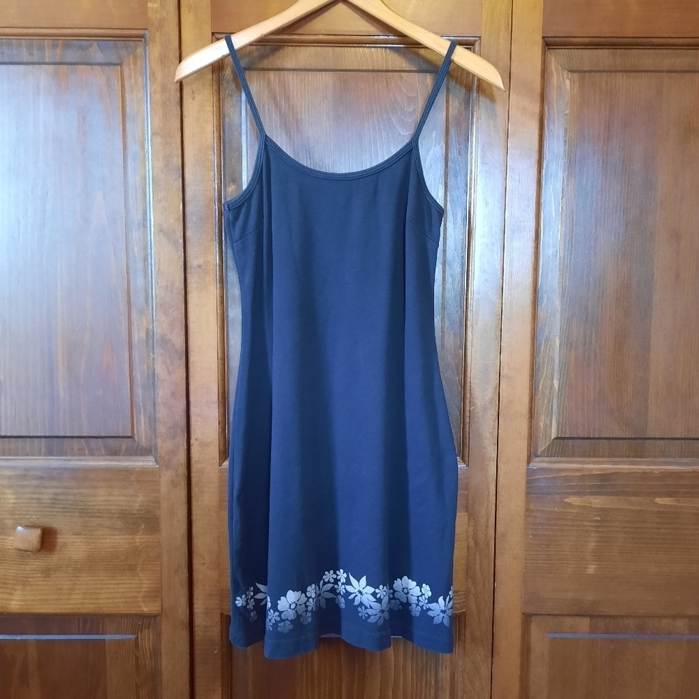 Vintage Y2K Xhilaration Black Mini Dress With Gray Hawaiian Floral Trim Size S